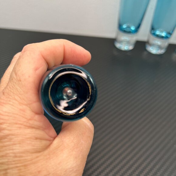 Azure Blue Liquor Aperitif Shooter Shot Glasses Controlled Bubble Base Set of 4 - Picture 5 of 8